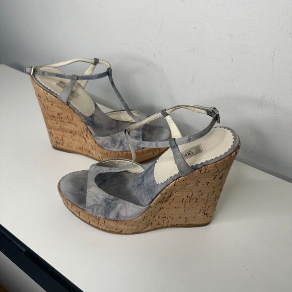 Prada Tie Dye Light Blue Suede Tan Cork Wedge Sandals Ankle Espadrilles 38 - Picture 4 of 13